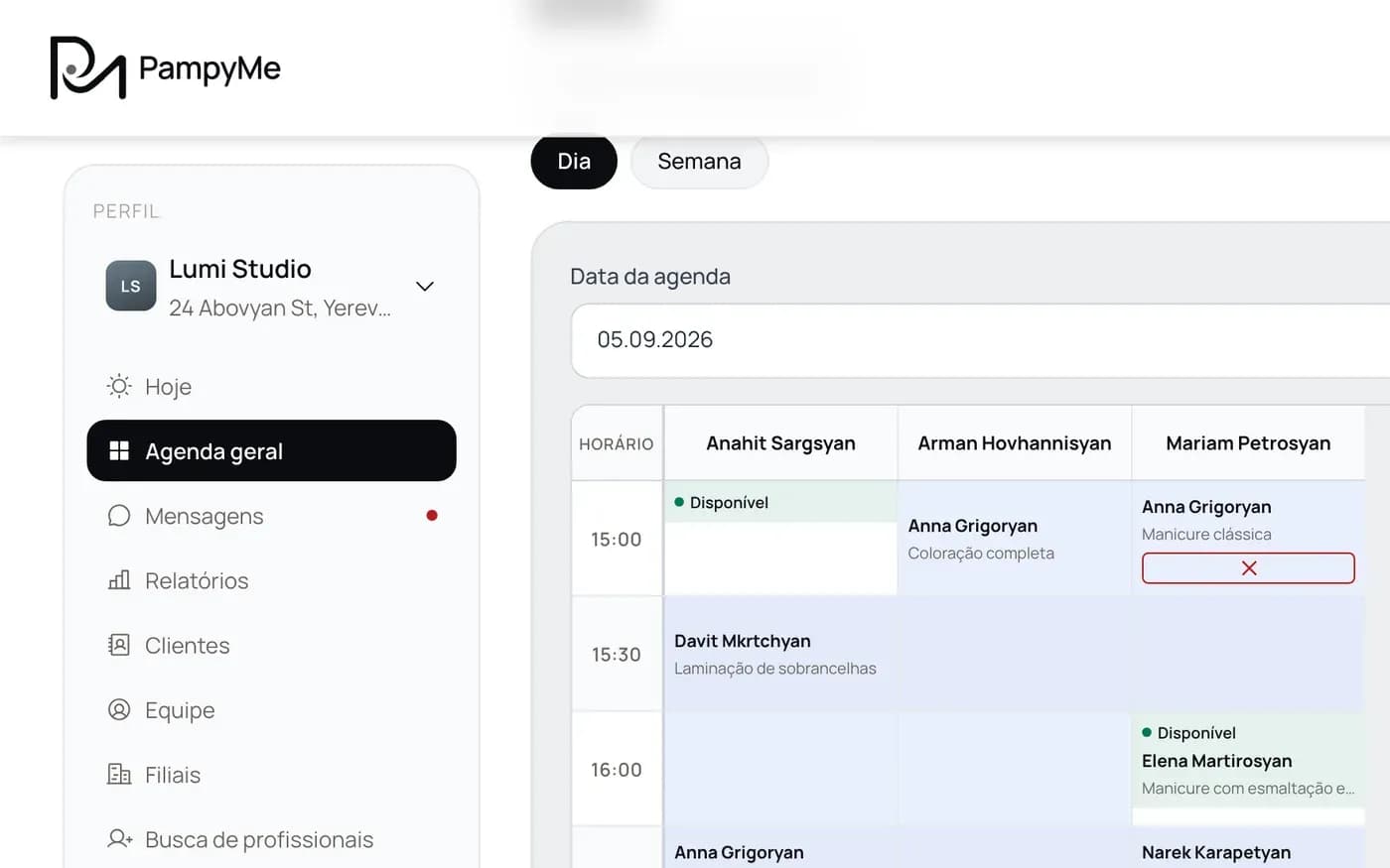 Calendário da equipe no painel do proprietário