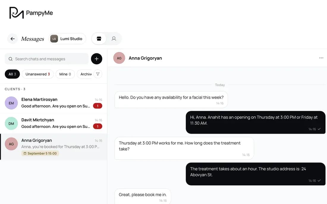 Client conversation and booking in chat