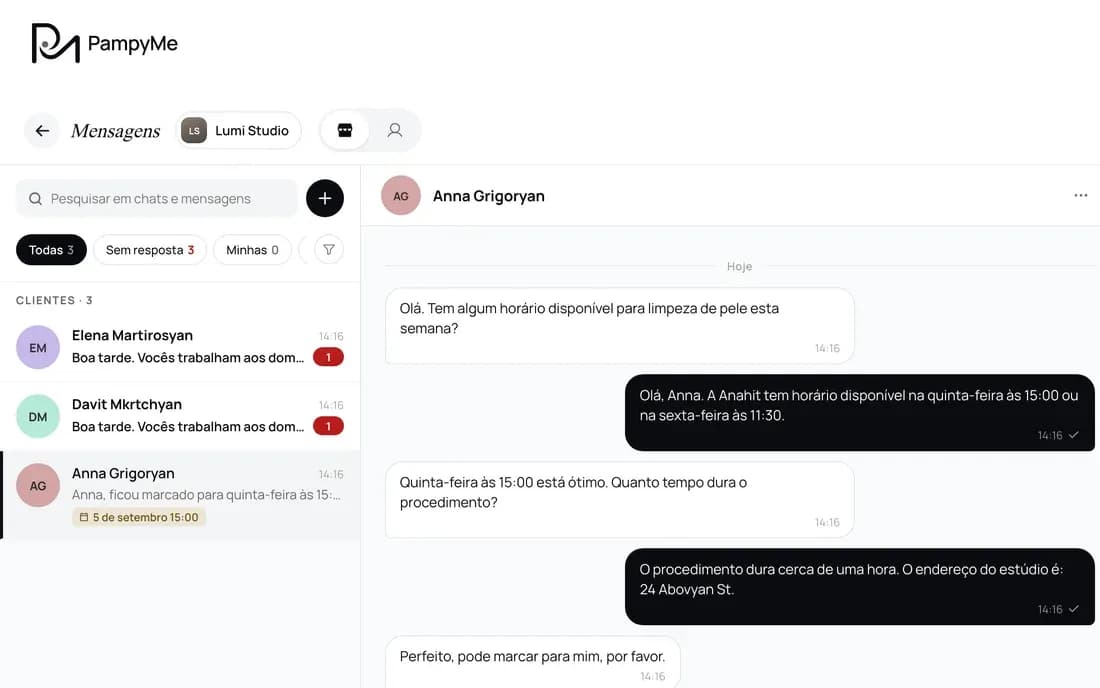 Conversa com cliente e agendamento no chat