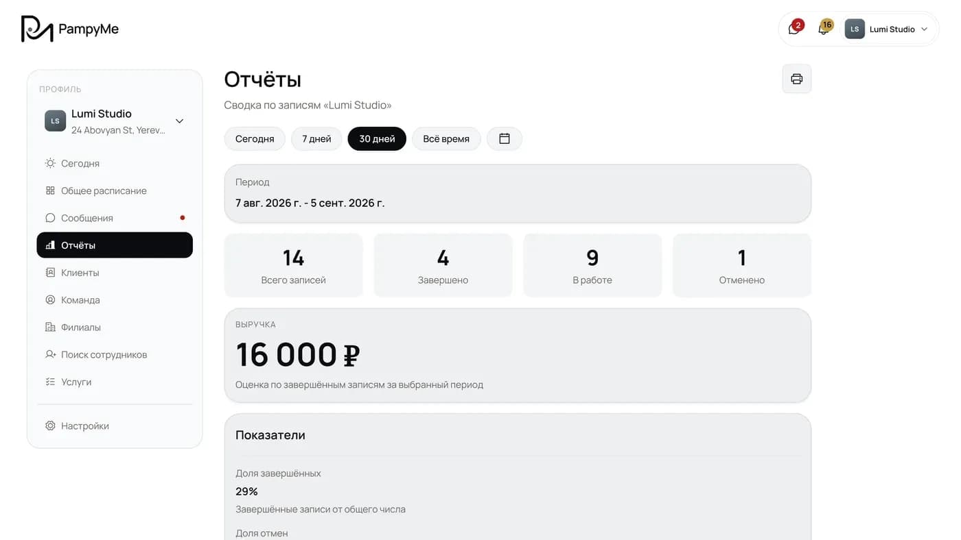Отчёт за период в кабинете владельца