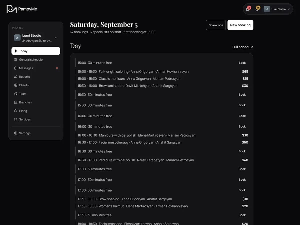 Owner dashboard, today view